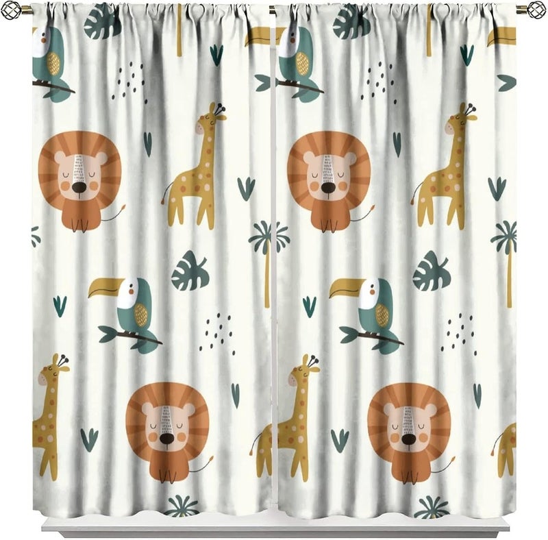 JanJCurt Cute Lion Window Curtains for Kids Bedroom,Cartoon Woodland Jungle Forest Wildlife Little Lion Giraffe Owl Palm Tree Printed Pattern Blackout Drapes for Living Room Baby Nursery Room 42x45 Inch - Image 1
